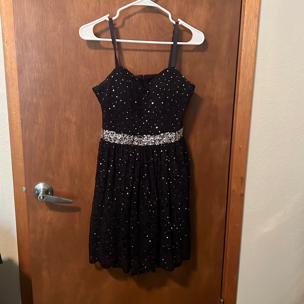 B. Smart Ladies Junior Dress Sparkle Beaded Lace Navy Blue